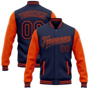 Custom Navy Orange Bomber Full Snap Varsity…