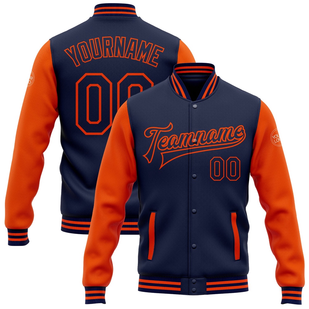 Custom Navy Orange Bomber Full Snap Varsity Baseball Jacket, Custom Team Jacket