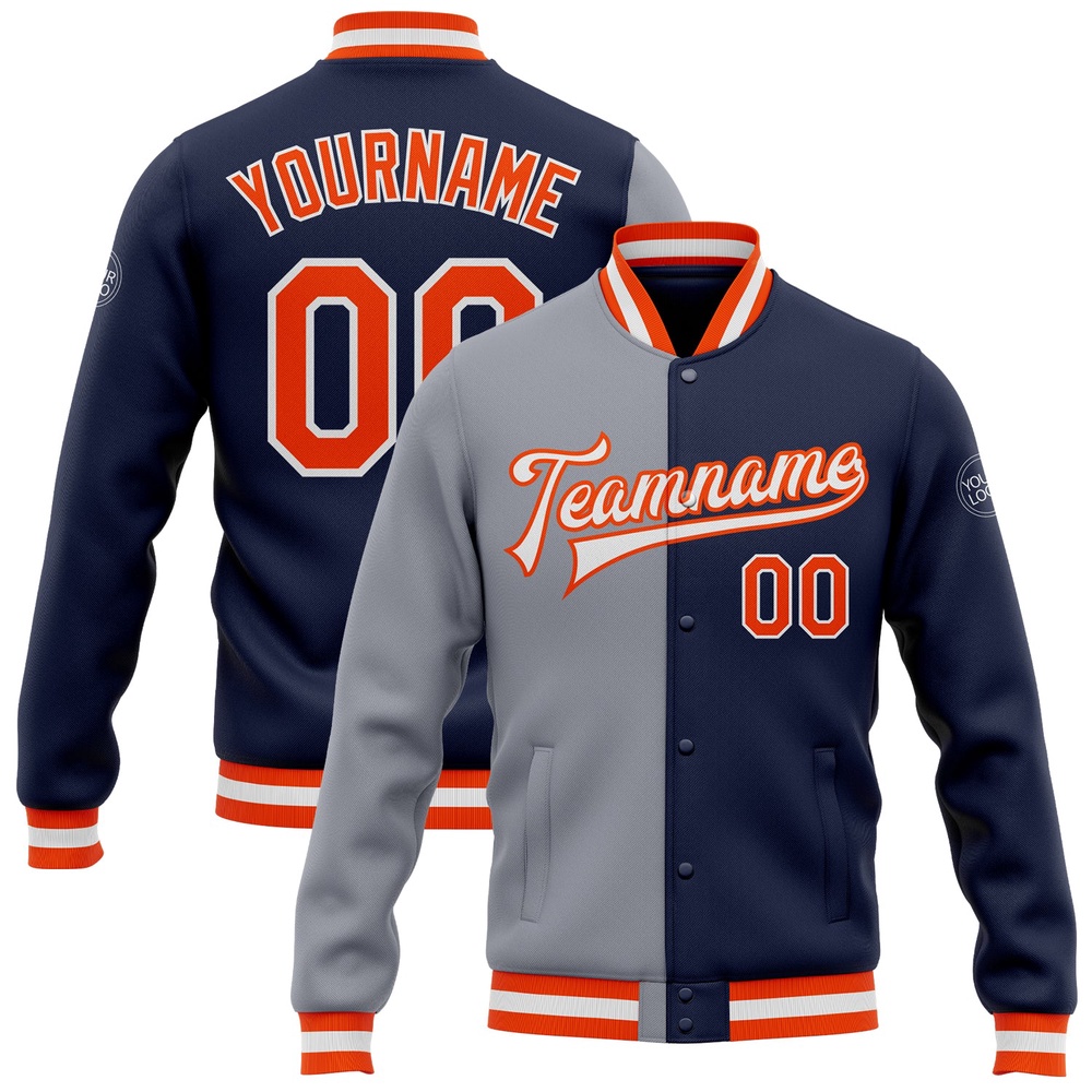 Custom Navy Orange Gray Bomber Full Snap Varsity Letterman Split Fashion Jacket, Custom Team Jacket Custom Navy Orange Gray Bomber Full Snap Varsity Letterman Split Fashion Jacket, Custom Team Jacket