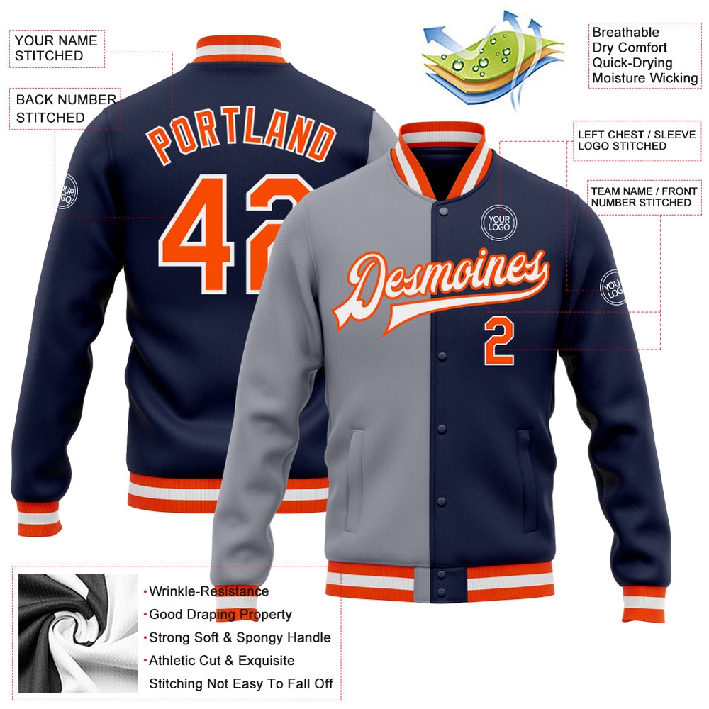 Custom Navy Orange Gray Bomber Full Snap Varsity Letterman Split Fashion Jacket, Custom Team Jacket Custom Navy Orange Gray Bomber Full Snap Varsity Letterman Split Fashion Jacket, Custom Team Jacket