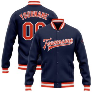 Custom Navy Orange White Bomber Full Snap…