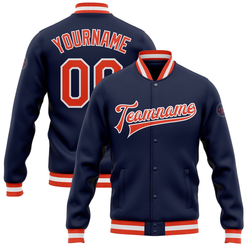 Custom Navy Orange White Bomber Full Snap Baseball Jacket, Custom Team Jacket