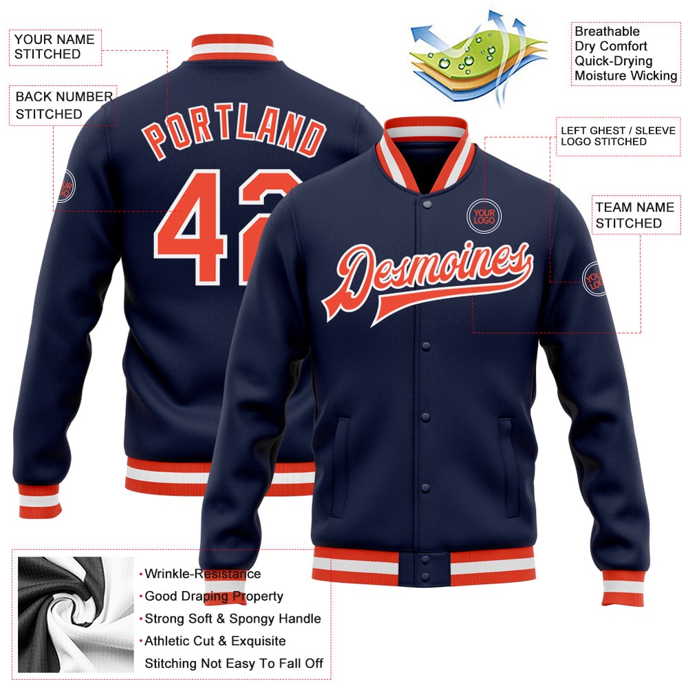 Custom Navy Orange White Bomber Full Snap Baseball Jacket, Custom Team Jacket