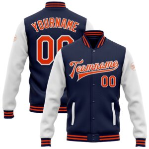 Custom Navy Orange White Bomber Full Snap…