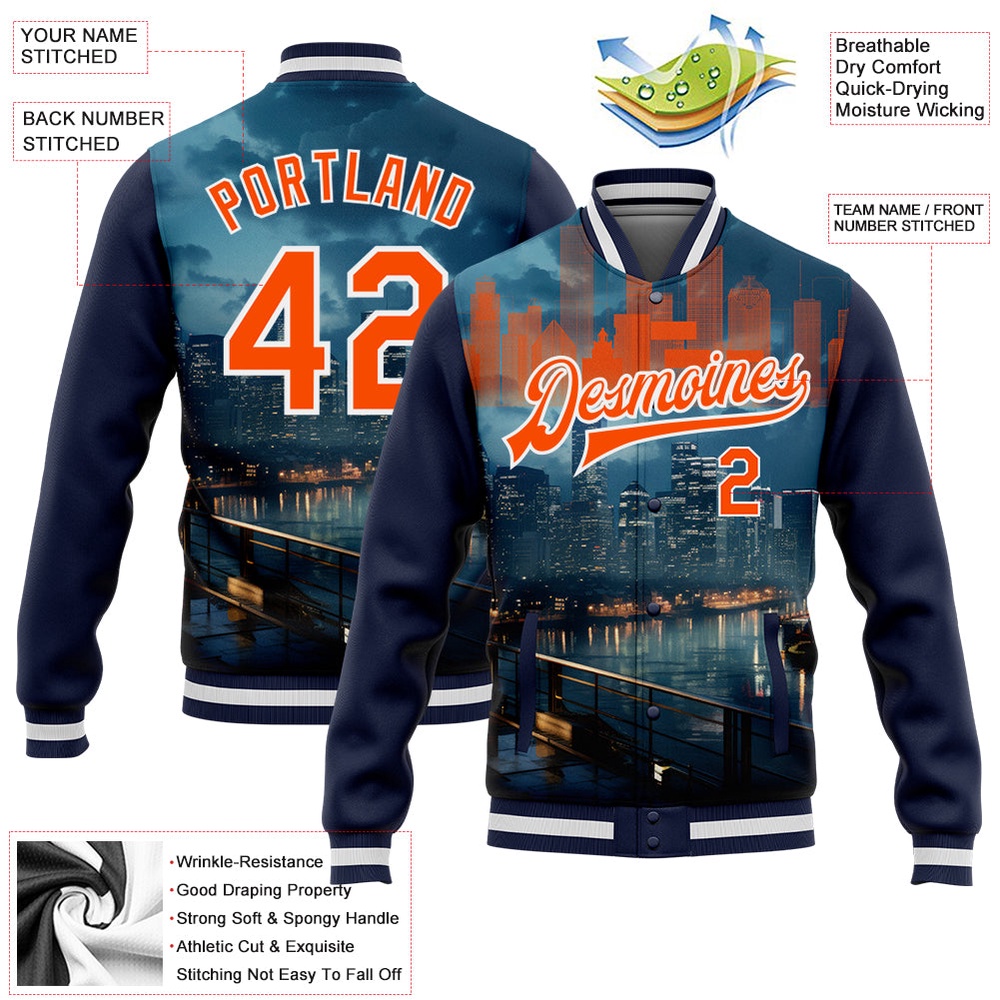 Custom Navy Orange White Houston Texas City Edition 3D Bomber Full Snap Baseball Jacket, Custom Team Jacket Custom Navy Orange White Houston Texas City Edition 3D Bomber Full Snap Baseball Jacket, Custom Team Jacket