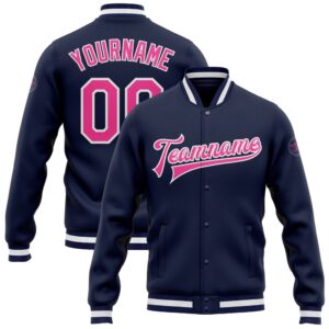 Custom Navy Pink White Bomber Full Snap…