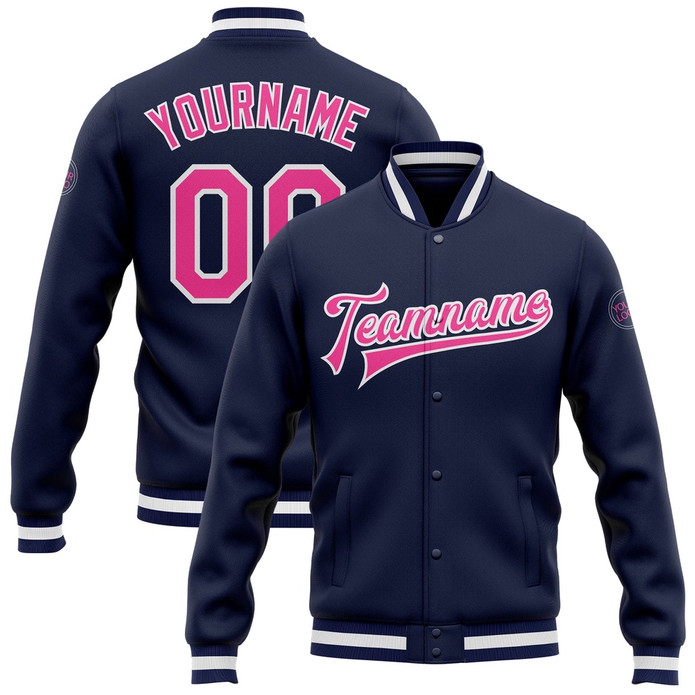 Custom Navy Pink White Bomber Full Snap Baseball Jacket, Custom Team Jacket