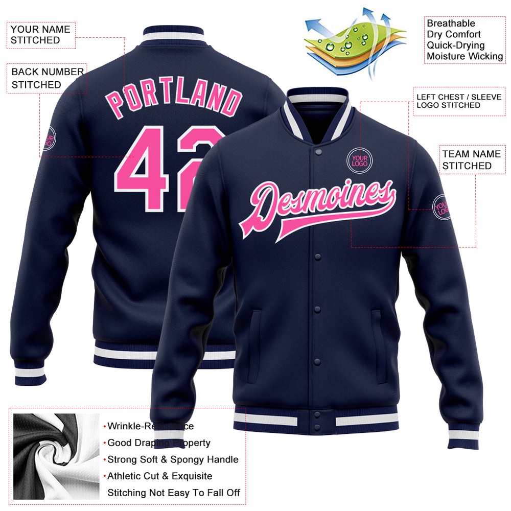 Custom Navy Pink White Bomber Full Snap Baseball Jacket, Custom Team Jacket