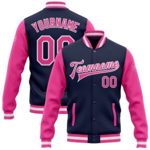 Custom Navy Pink White Bomber Full Snap…