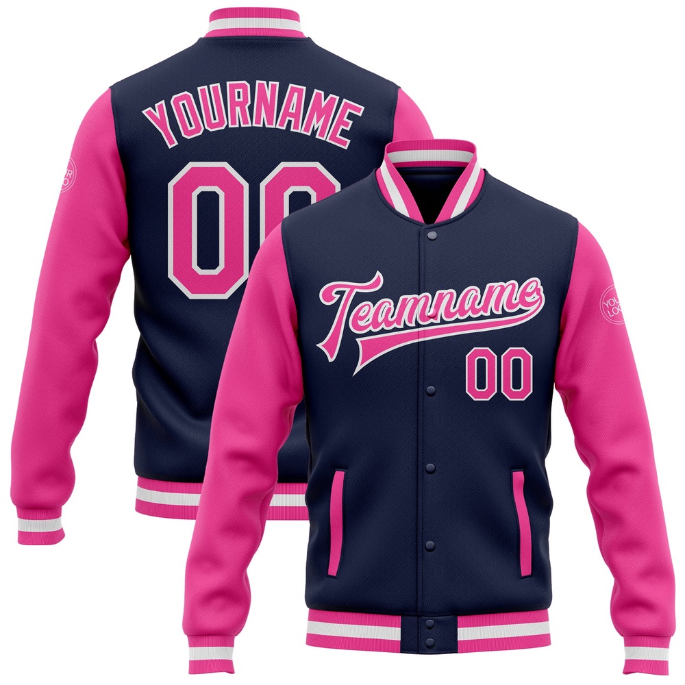Custom Navy Pink White Bomber Full Snap Varsity Baseball Jacket, Custom Team Jacket Custom Navy Pink White Bomber Full Snap Varsity Baseball Jacket, Custom Team Jacket