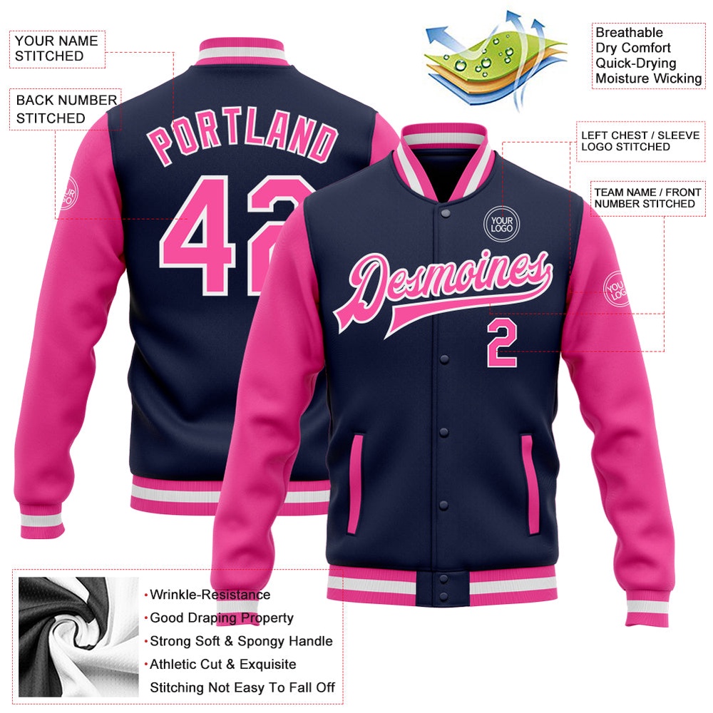 Custom Navy Pink White Bomber Full Snap Varsity Baseball Jacket, Custom Team Jacket Custom Navy Pink White Bomber Full Snap Varsity Baseball Jacket, Custom Team Jacket