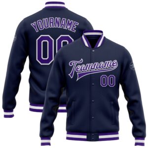 Custom Navy Purple White Bomber Full Snap…