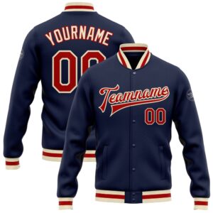 Custom Navy Red Cream Bomber Full Snap…