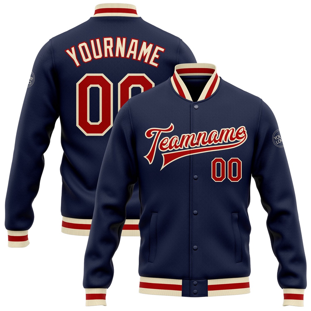 Custom Navy Red Cream Bomber Full Snap Baseball Jacket, Custom Team Jacket