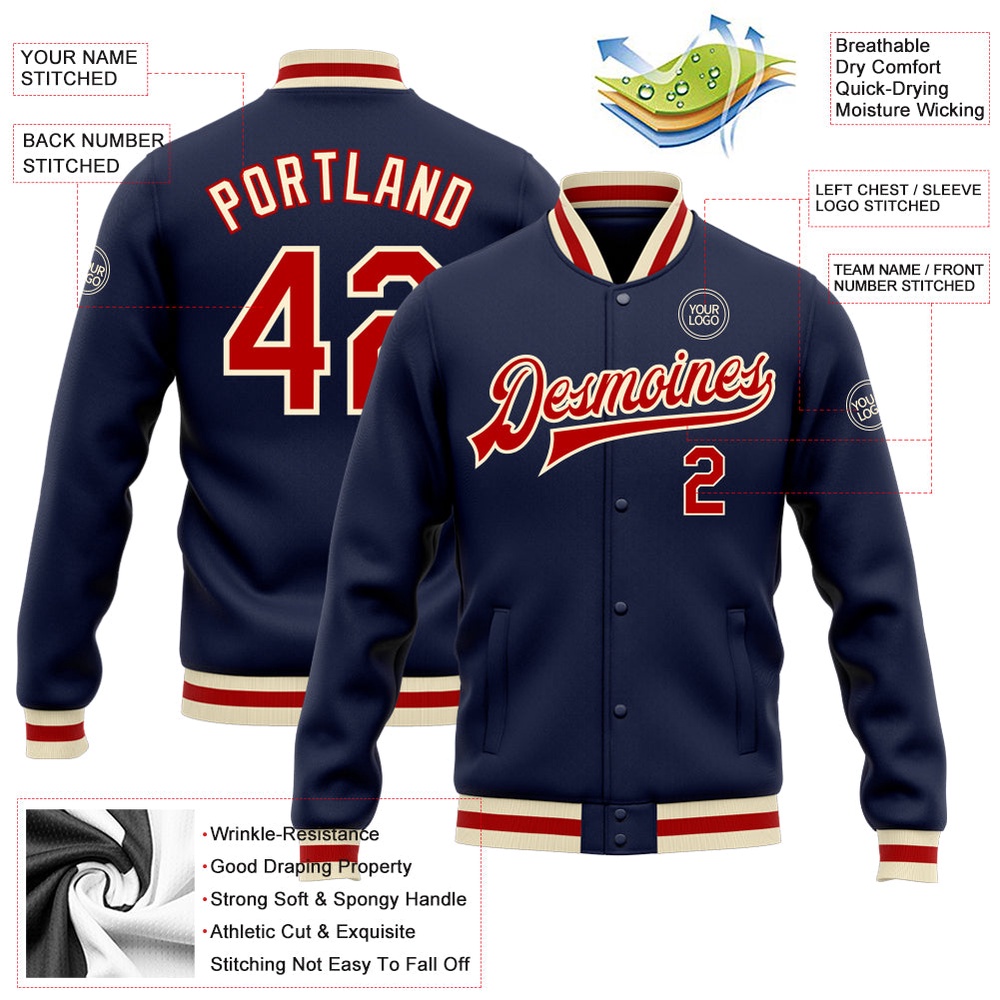 Custom Navy Red Cream Bomber Full Snap Baseball Jacket, Custom Team Jacket