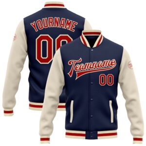 Custom Navy Red Cream Bomber Full Snap…