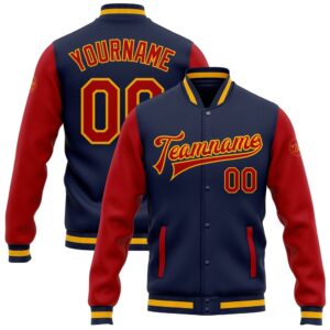 Custom Navy Red Gold Bomber Full Snap…