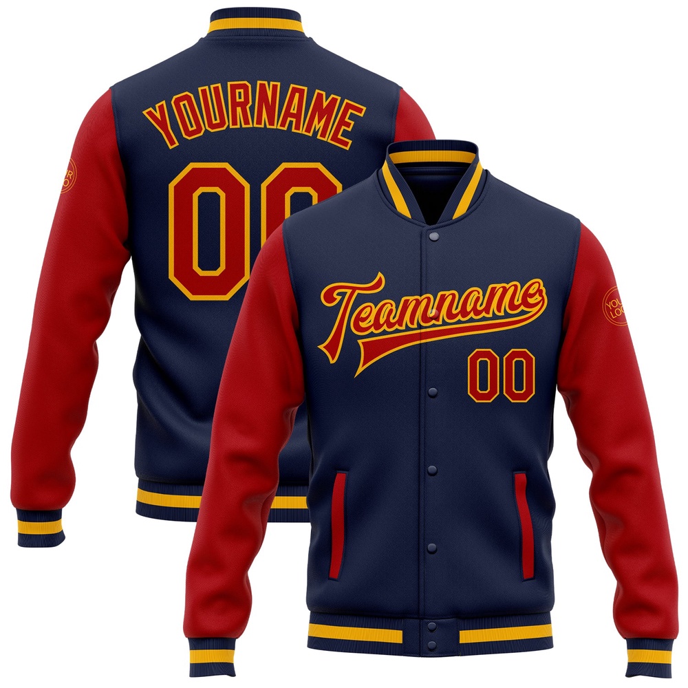 Custom Navy Red Gold Bomber Full Snap Varsity Baseball Jacket, Custom Team Jacket
