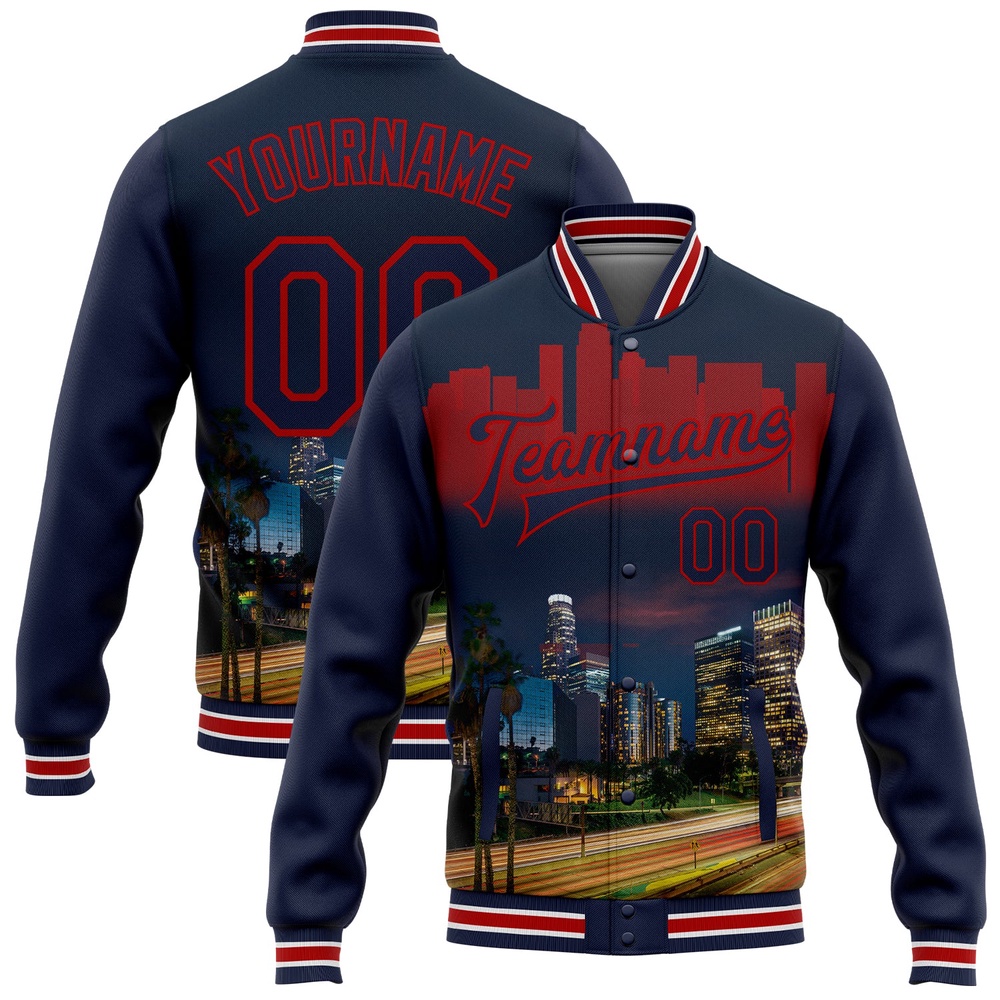 Custom Navy Red Los Angeles California City Edition 3D Bomber Full Snap Baseball Jacket, Custom Team Jacket