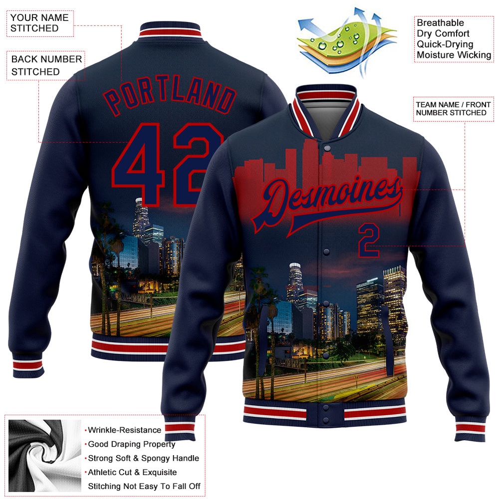 Custom Navy Red Los Angeles California City Edition 3D Bomber Full Snap Baseball Jacket, Custom Team Jacket