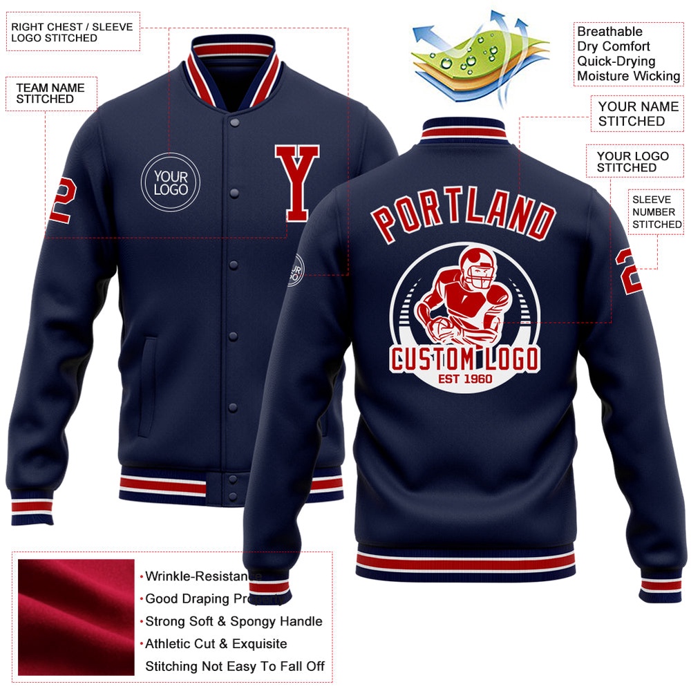 Custom Navy Red White Bomber Full Snap Baseball Jacket, Custom Team Jacket