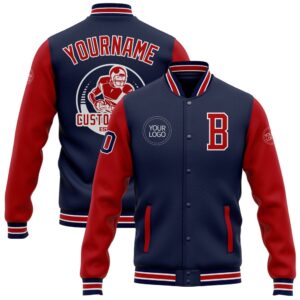 Custom Navy Red White Bomber Full Snap…