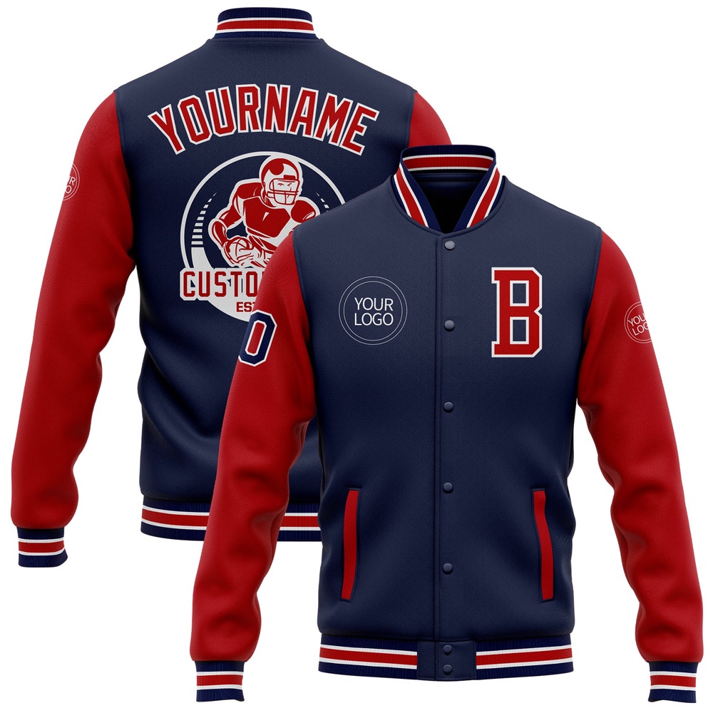 Custom Navy Red White Bomber Full Snap Varsity Baseball Jacket, Custom Team Jacket