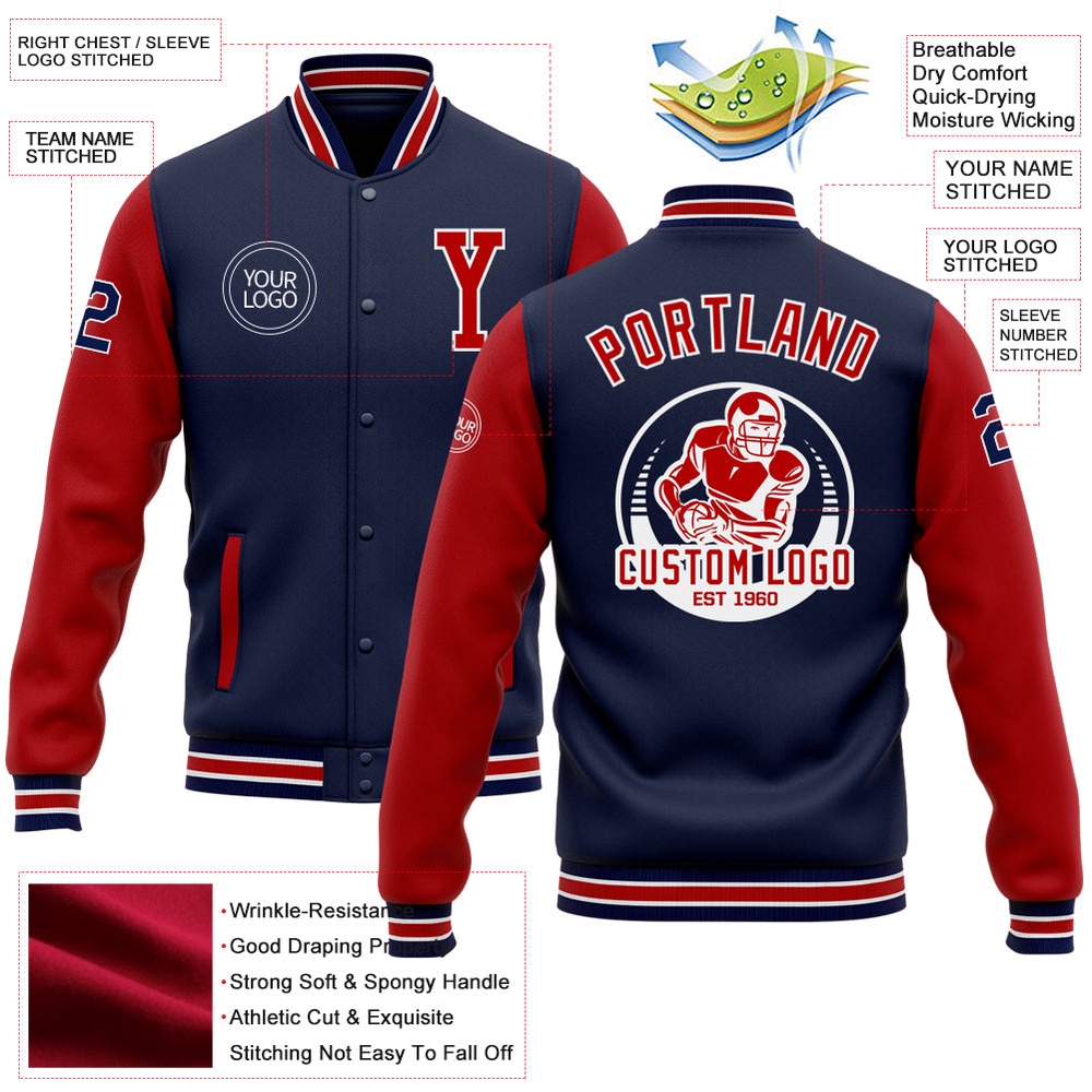 Custom Navy Red White Bomber Full Snap Varsity Baseball Jacket, Custom Team Jacket