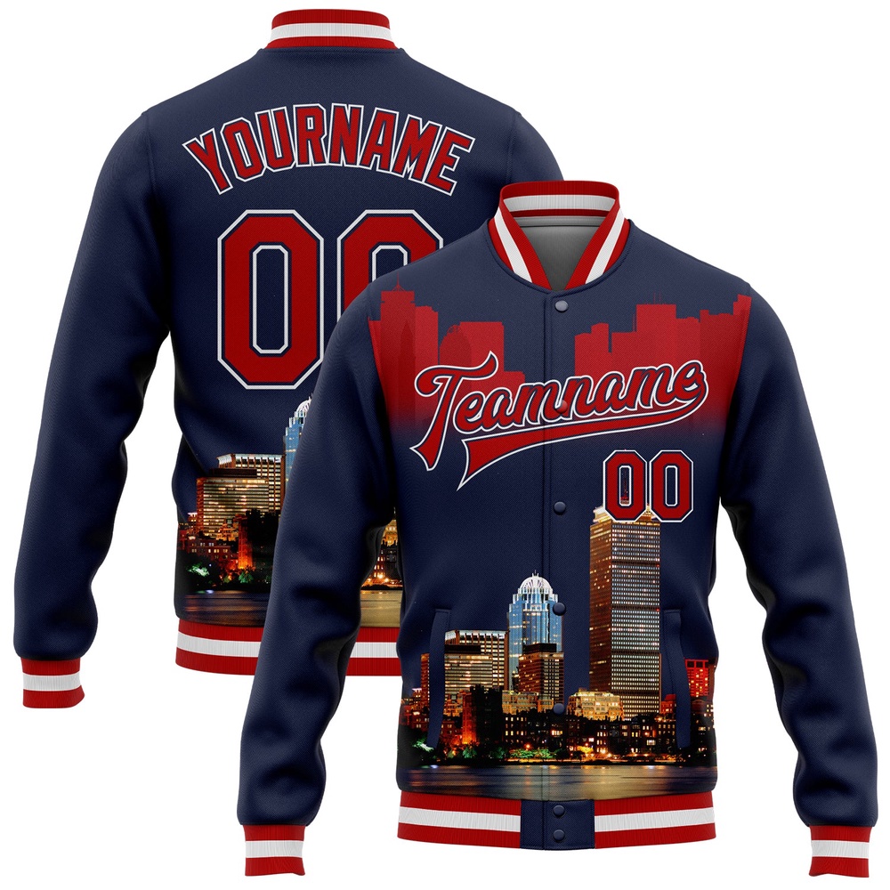 Custom Navy Red White Boston Massachusetts City Edition 3D Bomber Full Snap Baseball Jacket, Custom Team Jacket