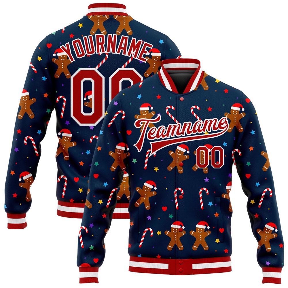 Custom Navy Red White Christmas 3D Bomber Full Snap Baseball Jacket, Custom Team Jacket