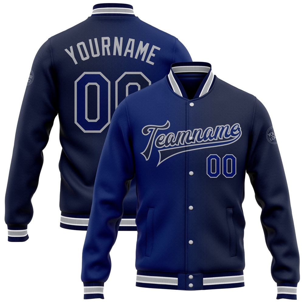 Custom Navy Royal Gray Bomber Full Snap Varsity Letterman Gradient Fashion Jacket, Custom Team Jacket