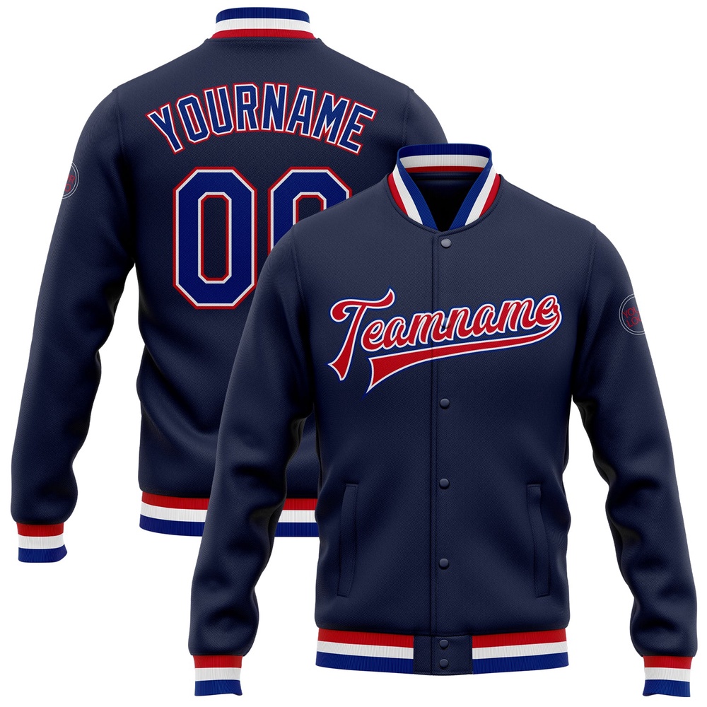 Custom Navy Royal Red Bomber Full Snap Baseball Jacket, Custom Team Jacket