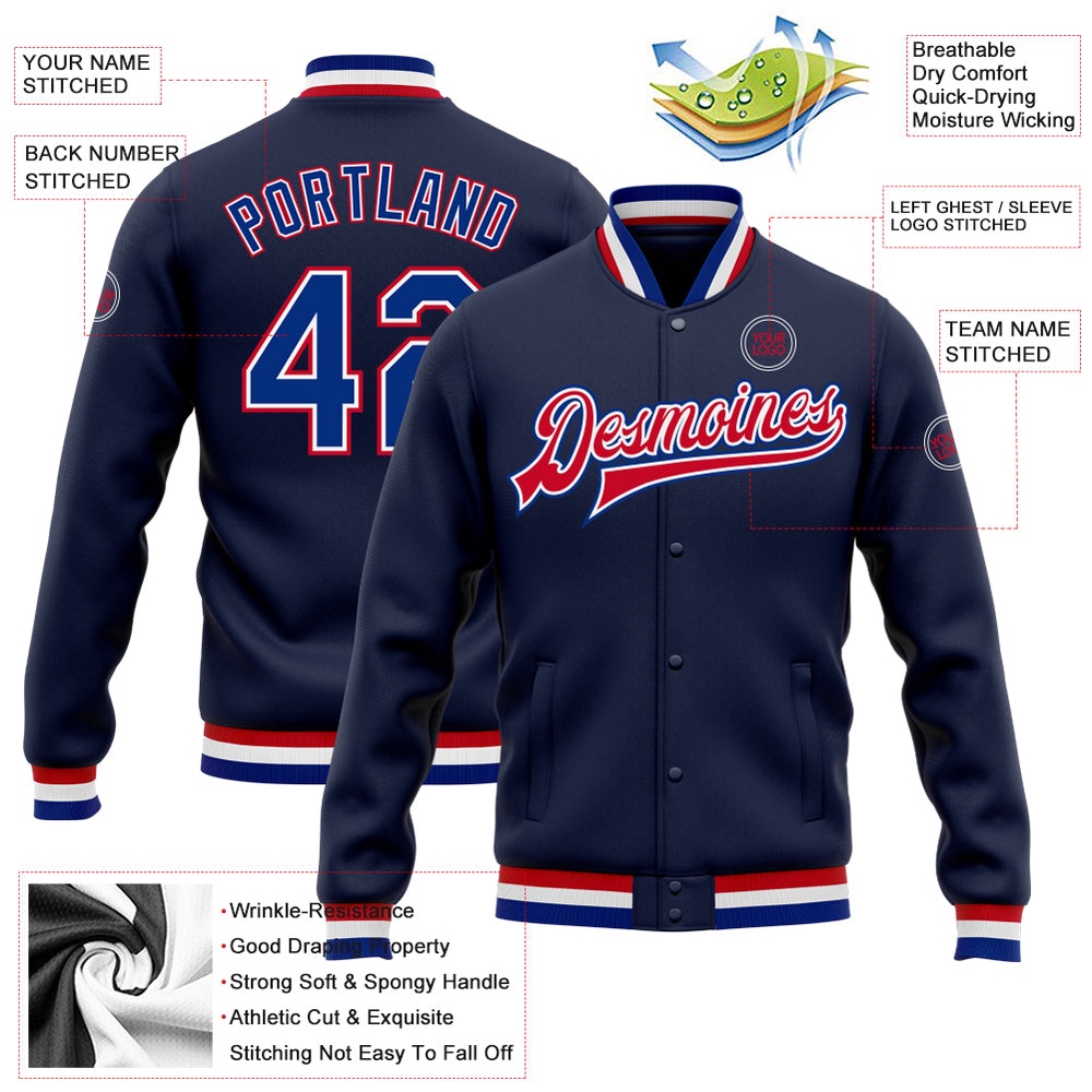 Custom Navy Royal Red Bomber Full Snap Baseball Jacket, Custom Team Jacket