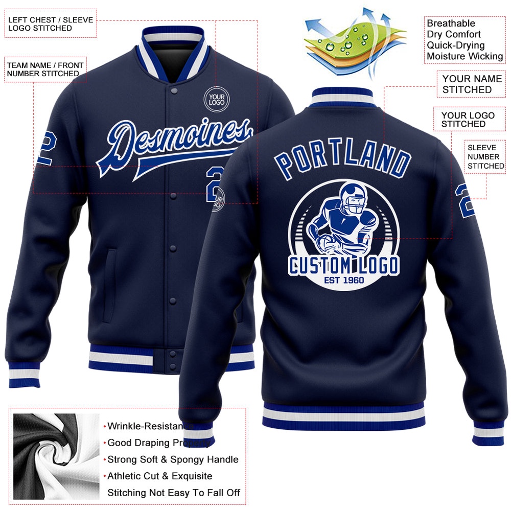 Custom Navy Royal White Bomber Full Snap Baseball Jacket, Custom Team Jacket