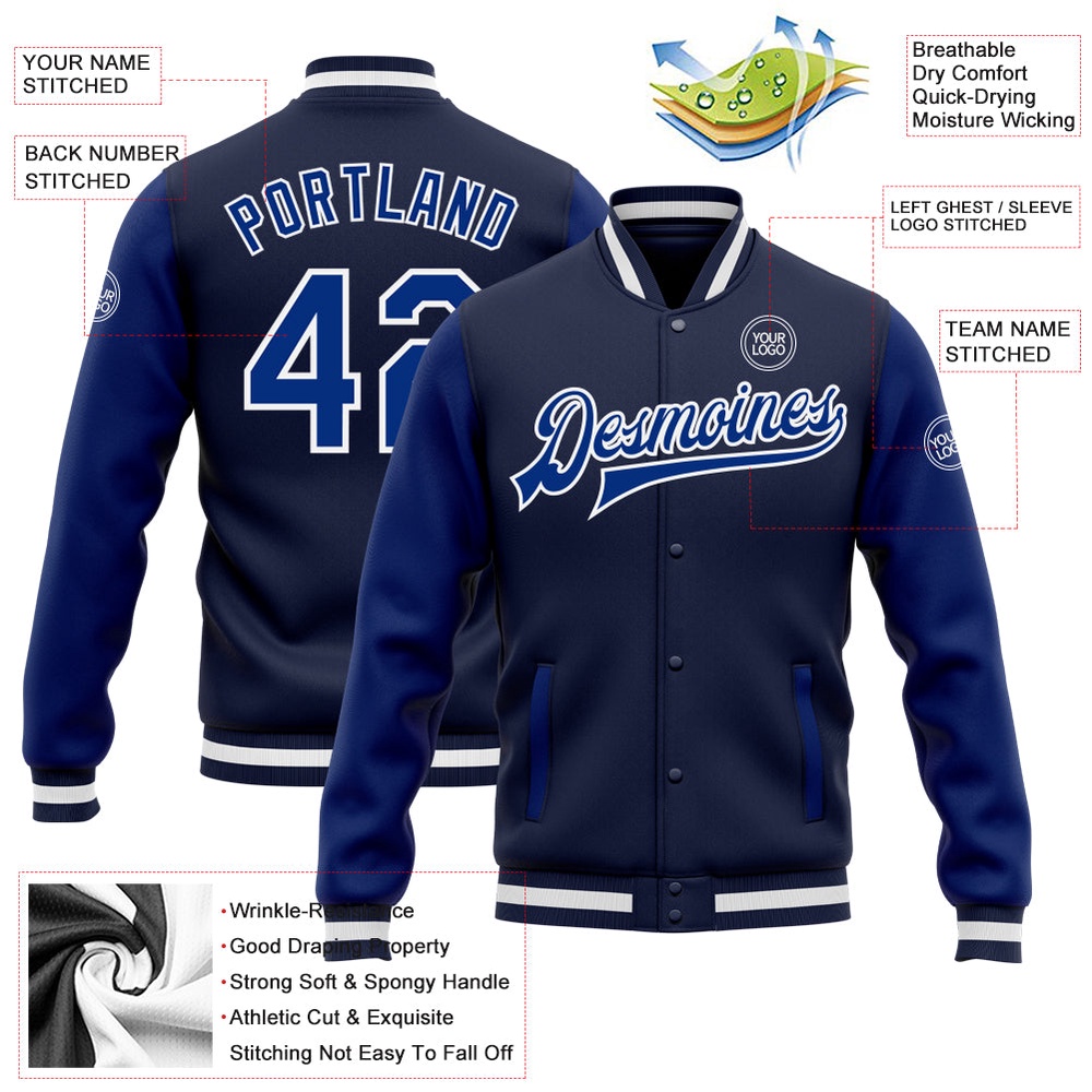Custom Navy Royal White Bomber Full Snap Varsity Baseball Jacket, Custom Team Jacket
