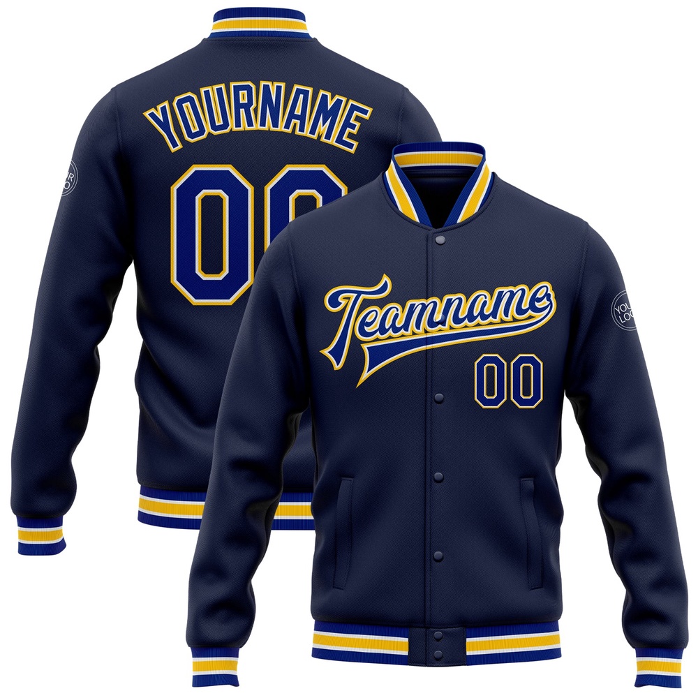 Custom Navy Royal Yellow Bomber Full Snap Baseball Jacket, Custom Team Jacket
