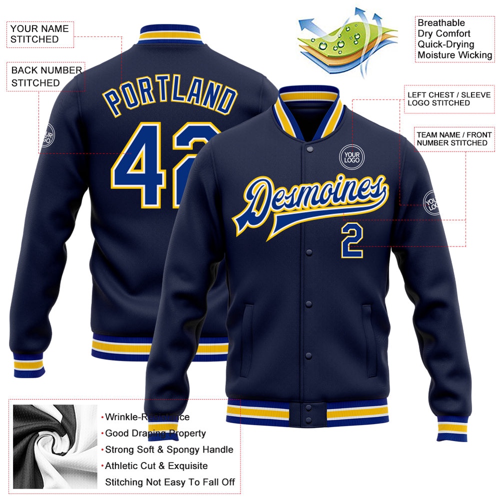 Custom Navy Royal Yellow Bomber Full Snap Baseball Jacket, Custom Team Jacket