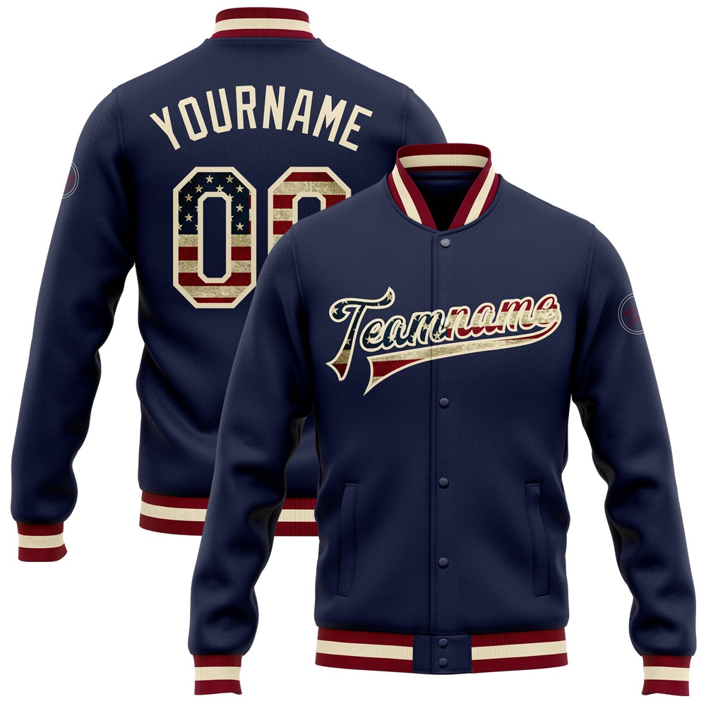 Custom Navy Vintage USA Flag Cream Bomber Full Snap Baseball Jacket, Custom Team Jacket Custom Navy Vintage USA Flag Cream Bomber Full Snap Baseball Jacket, Custom Team Jacket