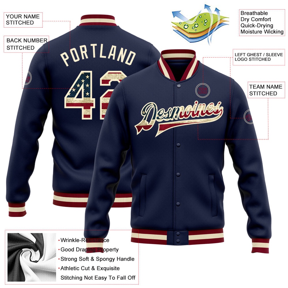Custom Navy Vintage USA Flag Cream Bomber Full Snap Baseball Jacket, Custom Team Jacket Custom Navy Vintage USA Flag Cream Bomber Full Snap Baseball Jacket, Custom Team Jacket