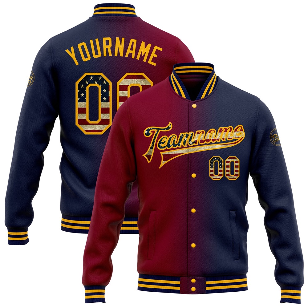 Custom Navy Vintage USA Flag Maroon Gold Bomber Full Snap Varsity Letterman Gradient Fashion Jacket, Custom Team Jacket