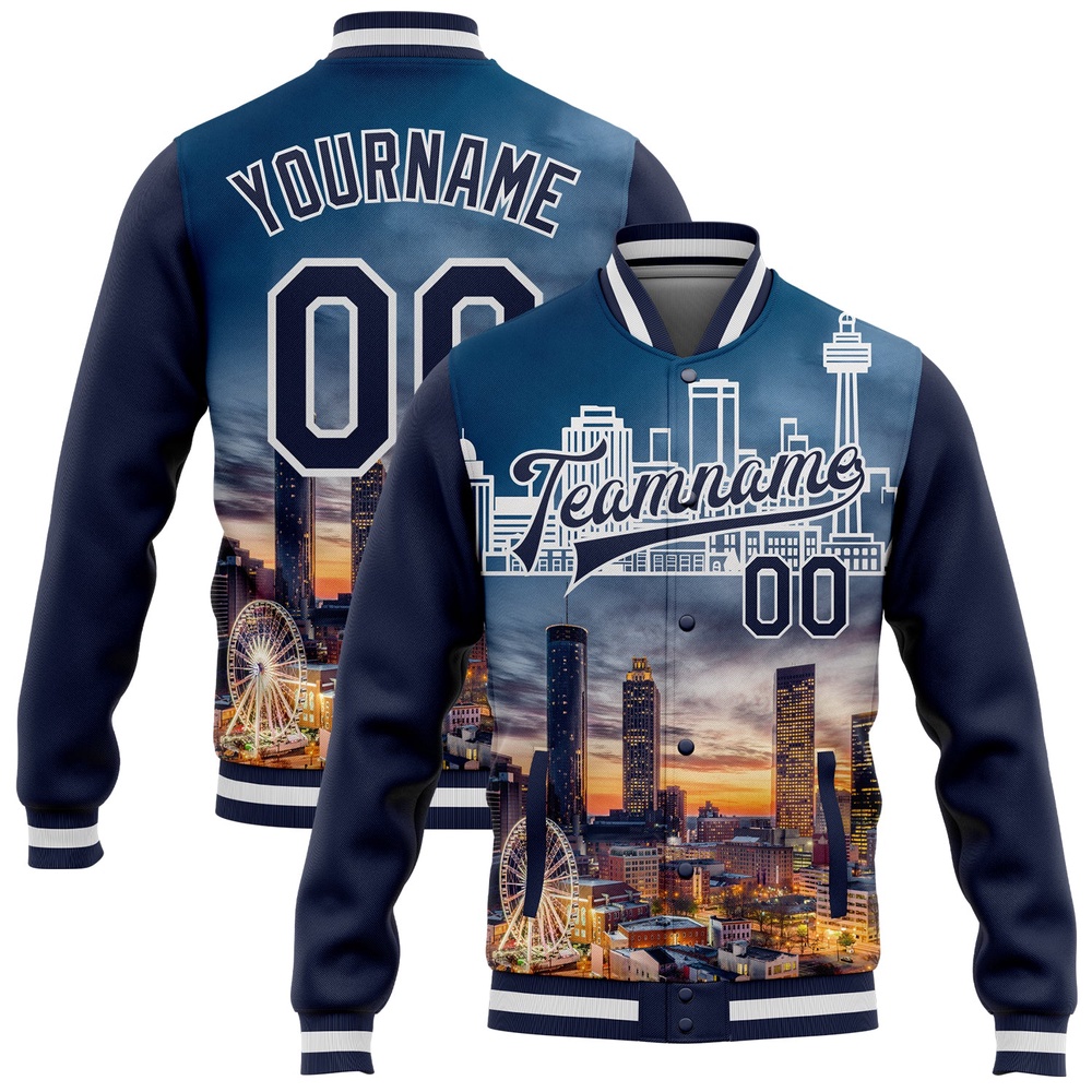 Custom Navy White Atlanta Georgia City Edition 3D Bomber Full Snap Baseball Jacket, Custom Team Jacket Custom Navy White Atlanta Georgia City Edition 3D Bomber Full Snap Baseball Jacket, Custom Team Jacket