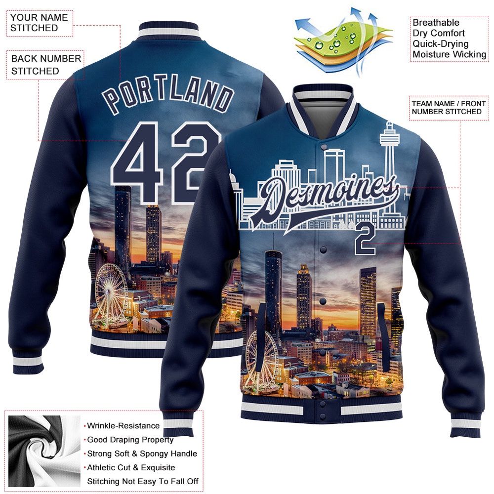 Custom Navy White Atlanta Georgia City Edition 3D Bomber Full Snap Baseball Jacket, Custom Team Jacket Custom Navy White Atlanta Georgia City Edition 3D Bomber Full Snap Baseball Jacket, Custom Team Jacket