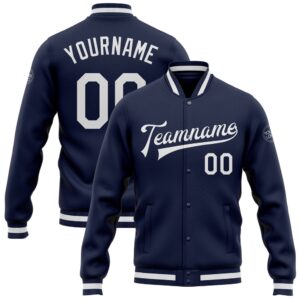 Custom Navy White Bomber Full Snap Baseball…