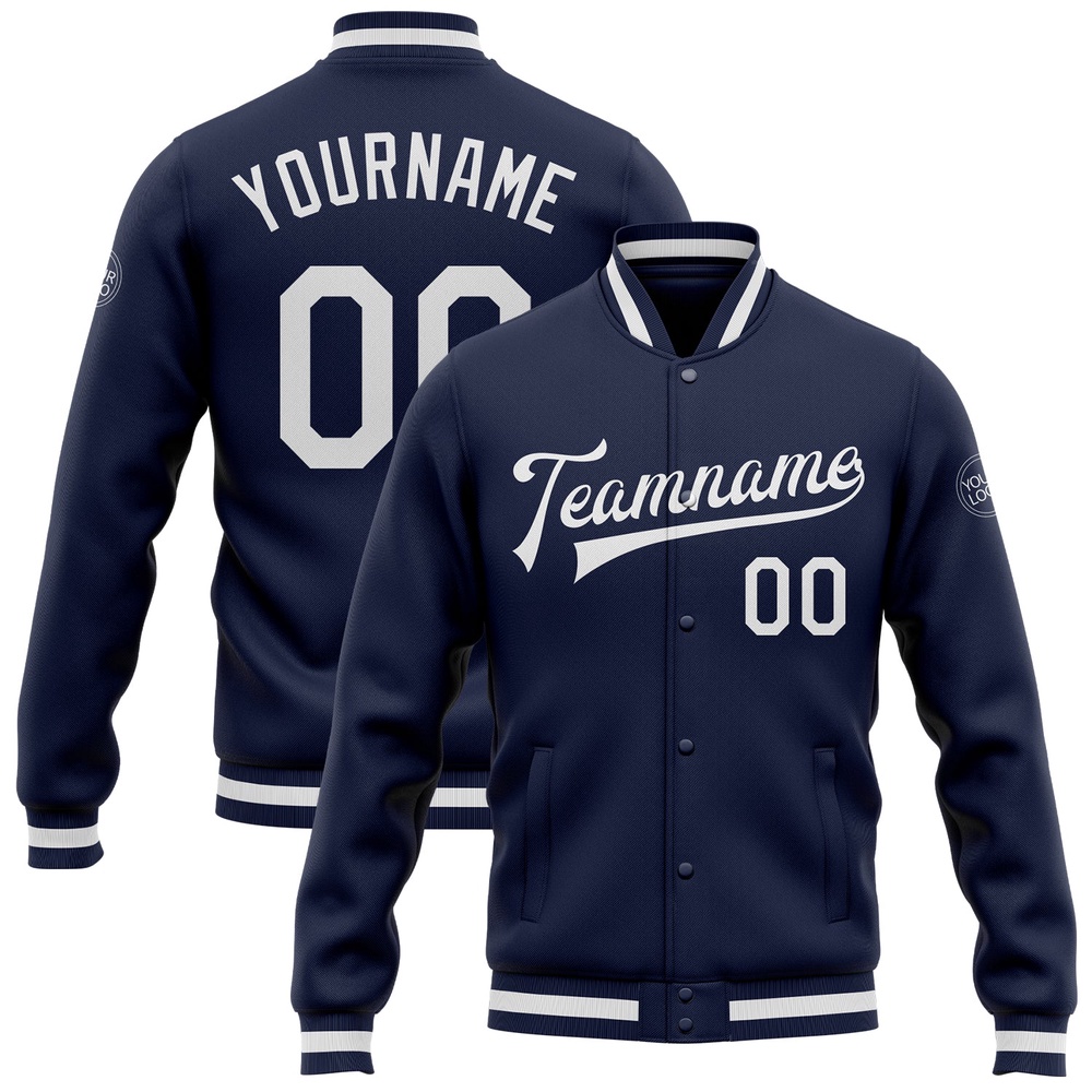 Custom Navy White Bomber Full Snap Baseball Jacket, Custom Team Jacket