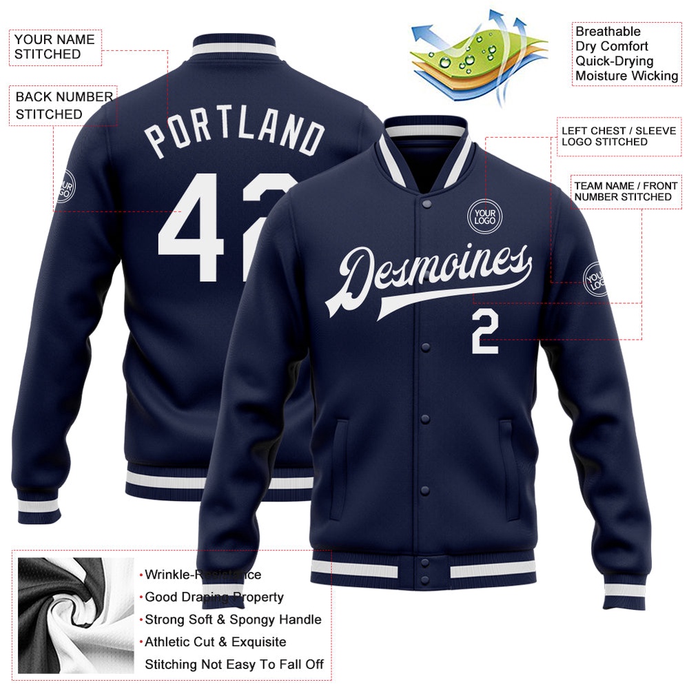 Custom Navy White Bomber Full Snap Baseball Jacket, Custom Team Jacket