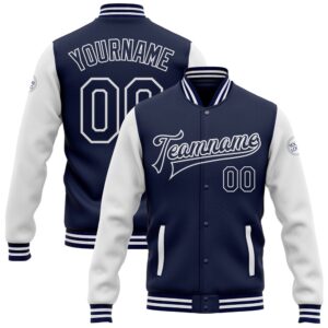 Custom Navy White Bomber Full Snap Varsity…