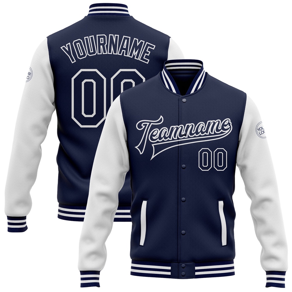 Custom Navy White Bomber Full Snap Varsity Baseball Jacket, Custom Team Jacket