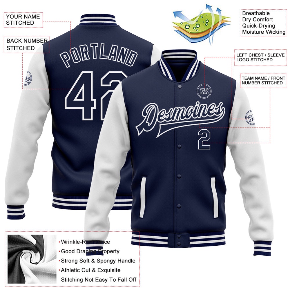 Custom Navy White Bomber Full Snap Varsity Baseball Jacket, Custom Team Jacket