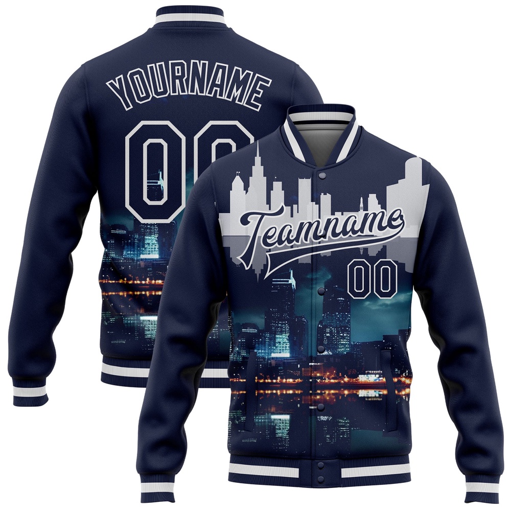 Custom Navy White Detroit Michigan City Edition 3D Bomber Full Snap Baseball Jacket, Custom Team Jacket Custom Navy White Detroit Michigan City Edition 3D Bomber Full Snap Baseball Jacket, Custom Team Jacket