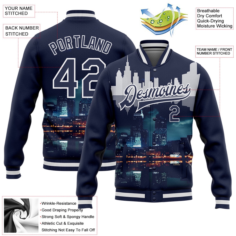 Custom Navy White Detroit Michigan City Edition 3D Bomber Full Snap Baseball Jacket, Custom Team Jacket Custom Navy White Detroit Michigan City Edition 3D Bomber Full Snap Baseball Jacket, Custom Team Jacket